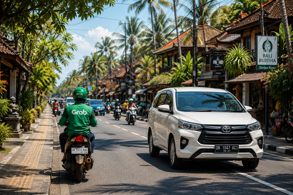 バリ島の街を走るGrabBikeとGrabCarのイメージ