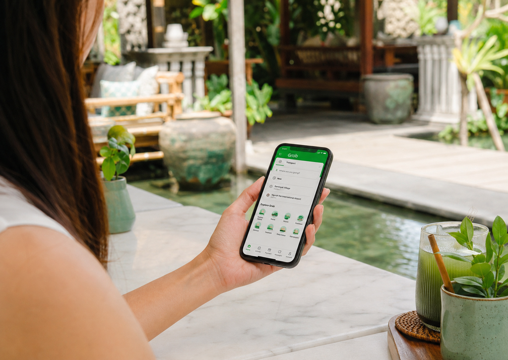 バリ旅行前にGrabアプリを確認しているイメージ