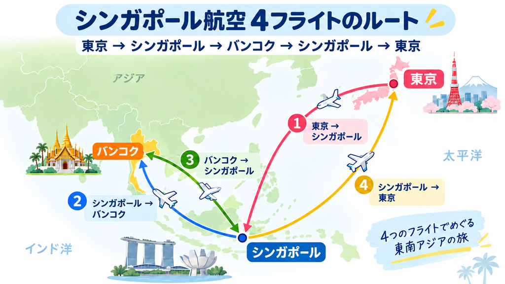 シンガポール航空4フライトのルート｜東京・シンガポール・バンコク往復