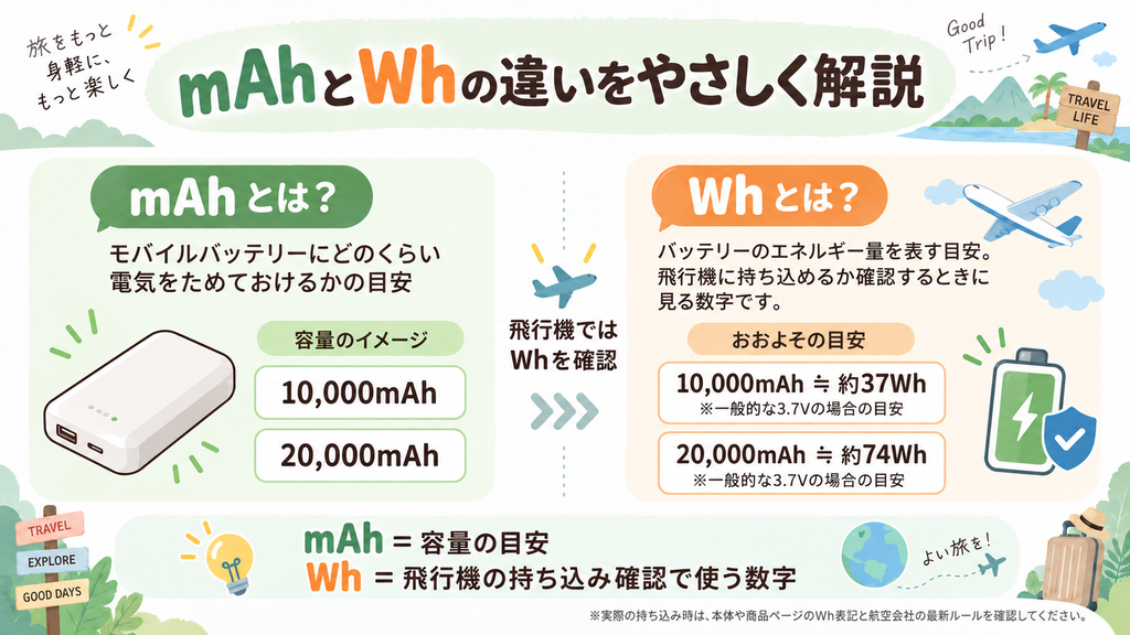 モバイルバッテリーのmAhとWhの違いと、10,000mAh・20,000mAhのWh目安を説明した図